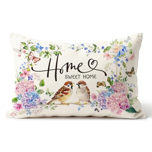 Spring Flower Bird Pillow Cover 12x20 Inch Home Decor Cushion Case