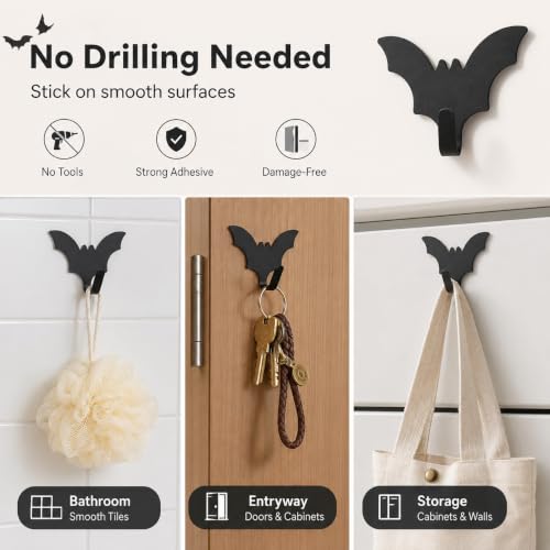 Black Bat Wall Hooks - Set of 8 Adhesive Storage Hooks