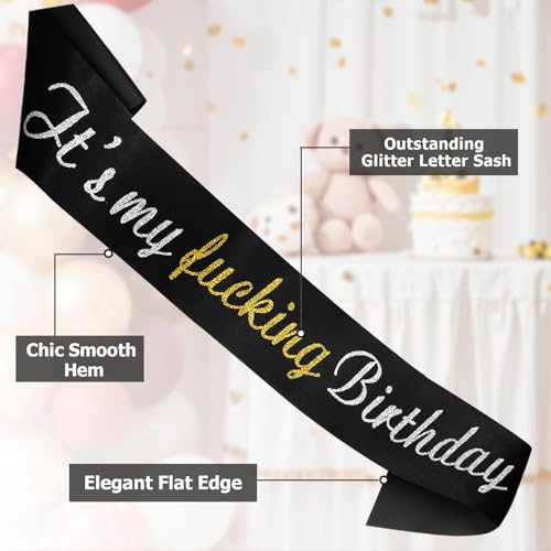 It's My F-King Birthday Sash - Glitter Black Satin for All Ages