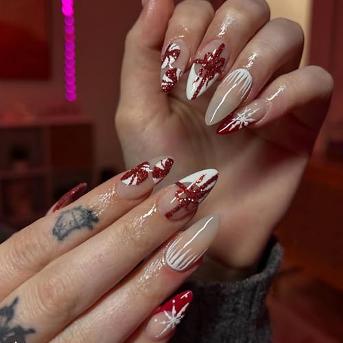 Christmas Press on Nails Almond Red French Tip False Nails