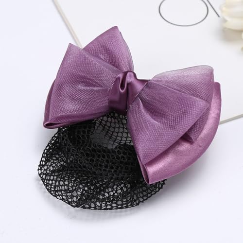 QUUPY Purple Bow Hair Net Barrette, Polyester Mesh Bun Cover Clip