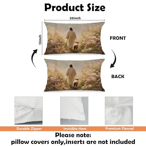 Jesus and Lamb Lumbar Pillow Cover 12x20, Soft Flannel Christian Decor