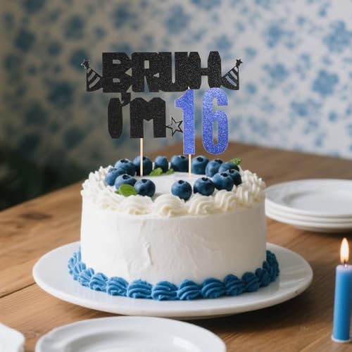 Bruh I'm 16 Birthday Cake Topper, Glitter Black and Blue 16th Decor
