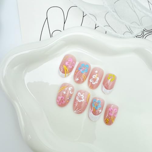 Short Almond Press on Nails Glossy White French Floral False Nails