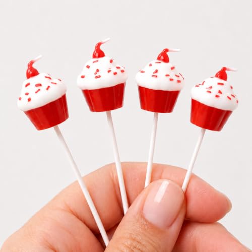 Red White Cupcake Birthday Candles - 4 Pack Fun Cake Decor