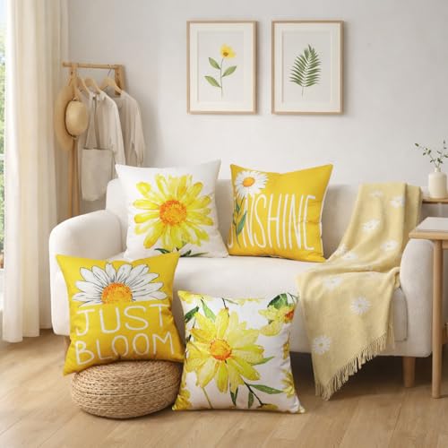Yellow Sunflower Throw Pillow Covers 18x18 (Set of 4) for Home Decor