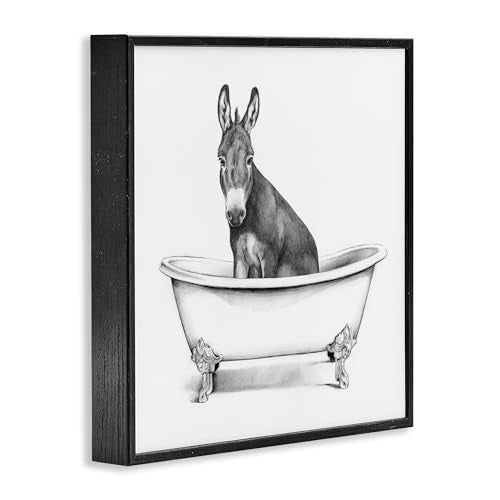 Stupell Industries Donkey in Claw Tub Farm Animal Bathroom Sketch, 12 x 12, Black Framed