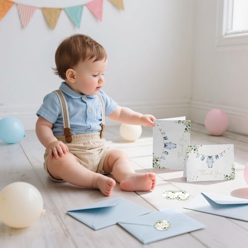 Whaline Blue Baby Shower Thank You Cards - 24 Pack with Envelopes & Stickers