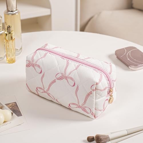 Quilted Cotton Makeup Bag Travel Cosmetic Pouch with Bow Pattern