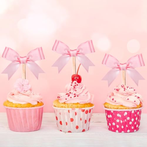 24 Pcs Rose Pink Bow Cupcake Toppers for Birthday Decor