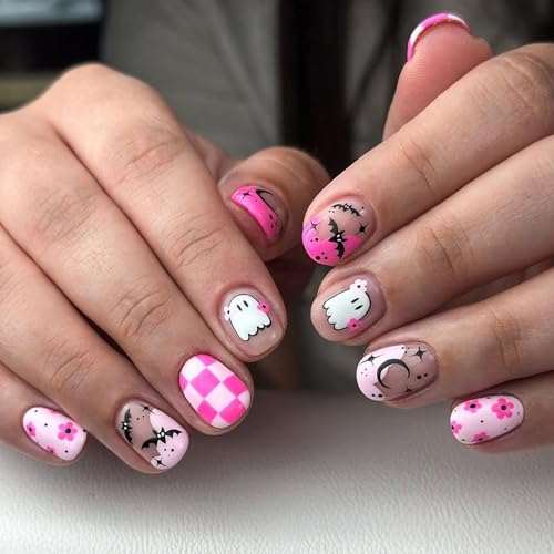 KTAABTR Pink Halloween Ghost Press on Nails Short Square False Nails