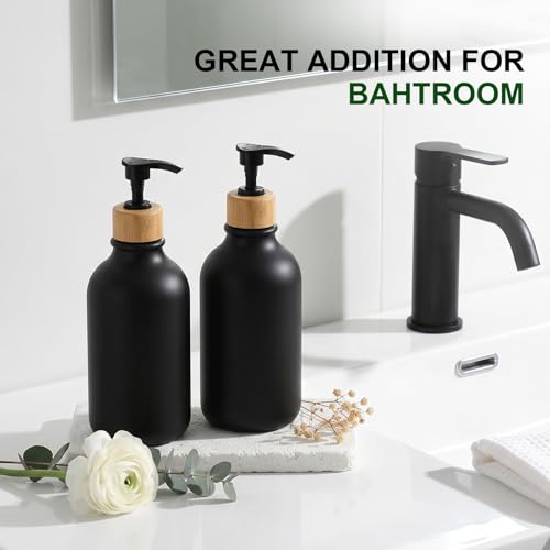 KASUNTING 17 Fl Oz Black Hand Soap Dispenser Set with Bamboo Pump