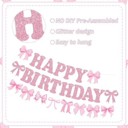 Pink Glitter Bow Happy Birthday Banner - Pre-Strung Party Decor