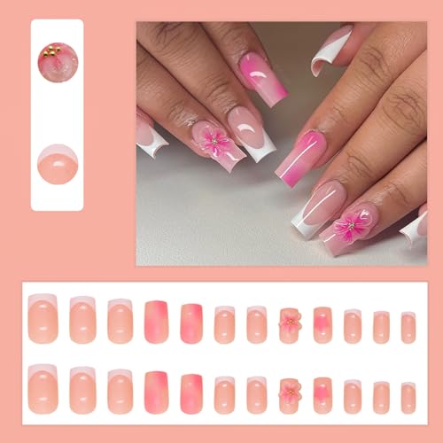 Jremg White French Tip Press on Nails Medium Square with 3D Flowers 24Pcs