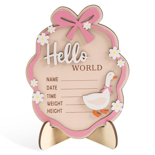 Pink Wooden Hello World Baby Announcement Sign with Stand