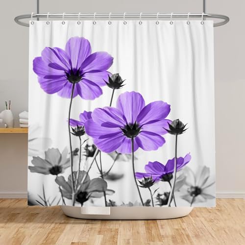 Violet Grey Floral Shower Curtain, 72x72 Inch, Vintage Botanical