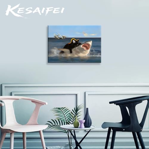 Funny Black Cat Biting Shark Wall Art - 12x16 Unframed Print