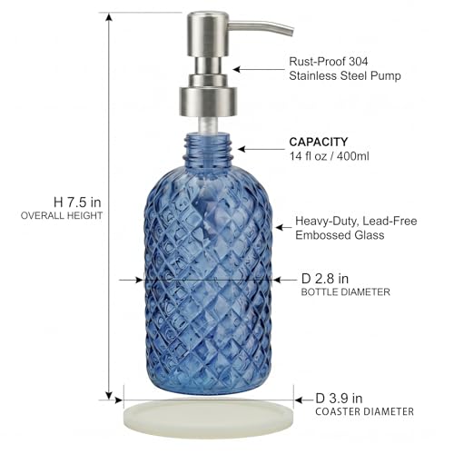 Blue Glass Soap Dispenser with Coaster - 14 Oz Rust-Proof Pump