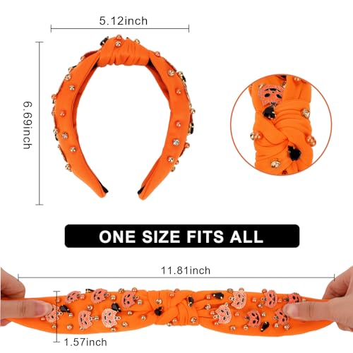 Araluky Jeweled Halloween Knotted Headband Spooky Pumpkin Hair Accessory