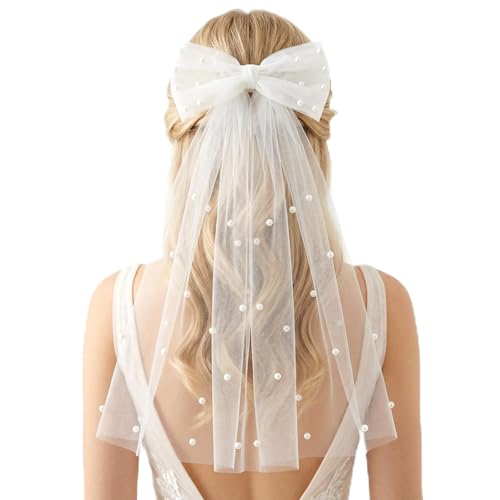 Bridal Tulle Pearl Bow Hair Clip White Veil for Bachelorette Party