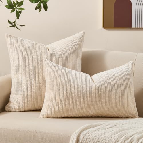 Allorry Soft White Chenille Throw Pillow Covers 12x20 - Set of 2