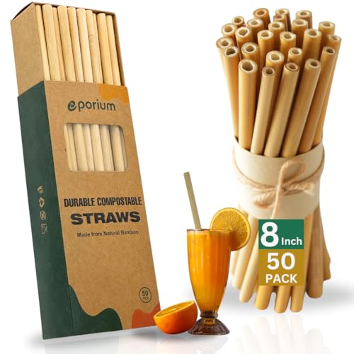 EPORIUM 8-Inch Reusable Bamboo Straws - 50 Pack Eco-Friendly Drinking Straws