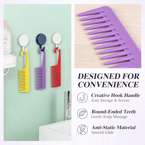 Wide Tooth Hair Combs with Hook 3-Piece Detangling Shower Comb Set