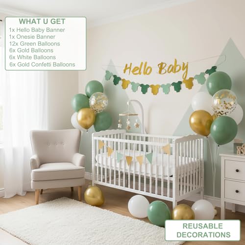 Sage Green Baby Shower Decor Set with Gold Banner & 30 Balloons