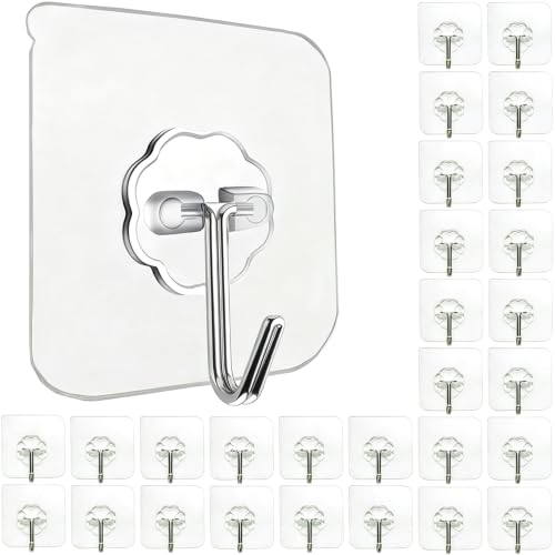 30 Pack Heavy Duty Self Adhesive Hooks - Waterproof Clear Wall Hooks