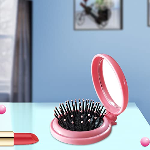 SportMore Folding Hair Brush with Mirror - Mini Travel Compact Comb