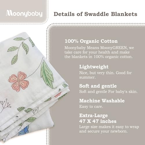 Moonybaby 100% Organic Cotton Swaddle Blanket - 47x47 Inch, Flower Pattern