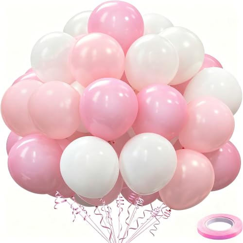 100pcs 12-Inch Pink and White Balloons Set with Ribbon for Party Decor