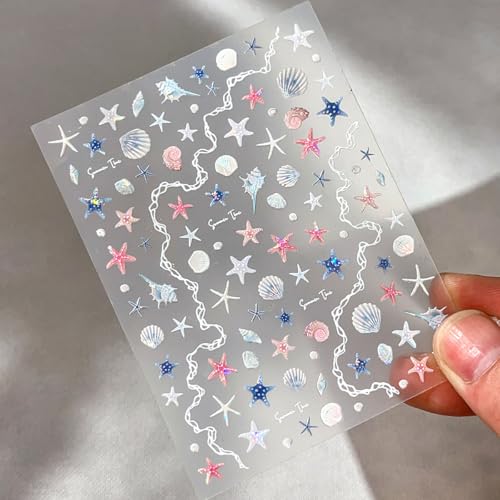 5D Embossed Starfish Seashell Nail Stickers - Summer Ocean Self-Adhesive Decals (2 Sheets)