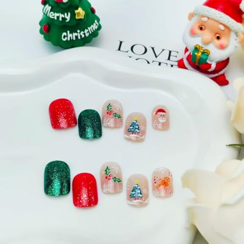 Christmas Press On Nails Short Square Fake Nails Winter Holiday Acrylic Nail Set