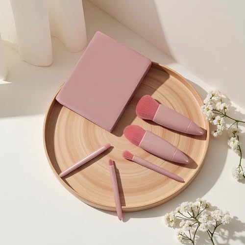 FANBODTA 5-Piece Professional Makeup Brush Set with Mirror and Travel Case, Pink