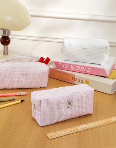 Seersucker Pink Striped Makeup Bag Quilted Cosmetic Pouch 7x3x3