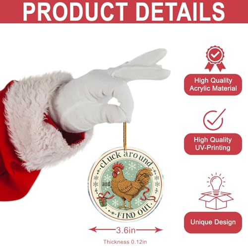 Funny Chicken Christmas Ornament - 3.6 in Acrylic Holiday Tree Decor