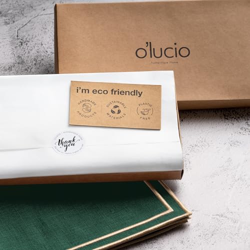 Green Linen Napkins Set of 4 - 20x20 Inch Embroidered Gold Edge - Washable
