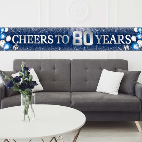 Blue Silver 80th Birthday Banner for Men & Women - 98x19.7 in