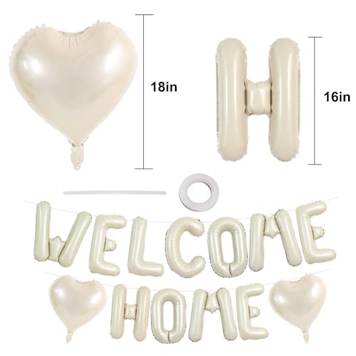 WELCOME HOME Foil Balloon Banner Set with Heart Balloons - 16 Inch Cream White Decor for Homecoming & Parties