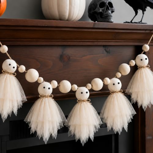 Pextian Beige 6.5Ft Halloween Ghost Garland with Wooden Beads, Handmade Halloween Decor