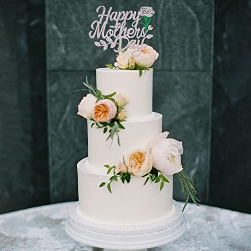 Happy Mother's Day Silver Glitter Cake Topper - Love You Mom Pick