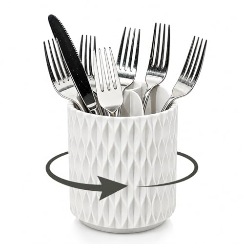 360° Rotating White Utensil Holder with 4 Slots for Countertop