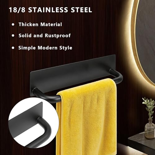 ICEICE 9-Inch Adhesive Towel Holder - Rustproof 304 Stainless Steel Black