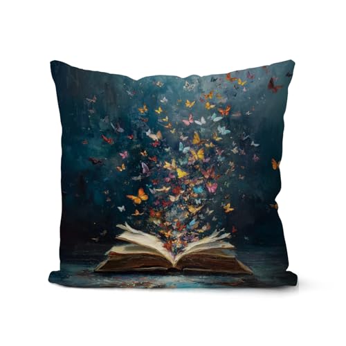 Butterfly Book Throw Pillow Cover - Dark Academia 18x18 Inch (02-a-fantasy)