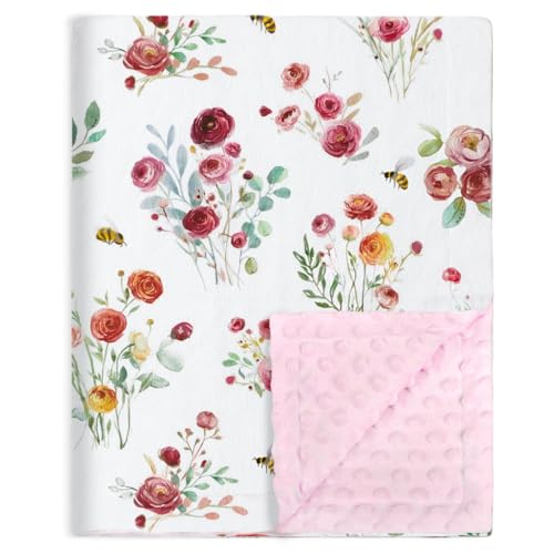 HOMRITAR Pink Floral Baby Blanket - Soft Plush Minky, 30x40