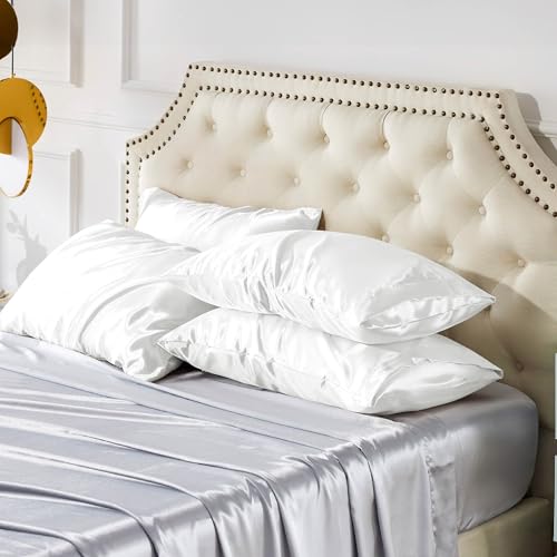 Bedsure Queen Satin Pillowcases Set of 4 - Pure White, Silk-like Texture