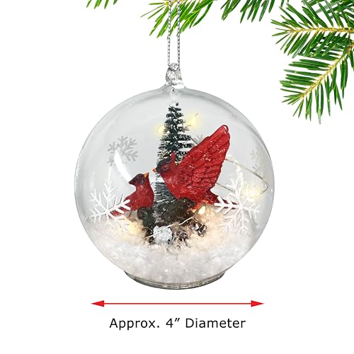 Lighted Cardinal Christmas Ornament - 4 Inch Snow Globe with Red Cardinals