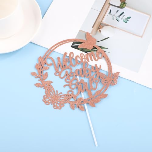 PEUTIER Welcome Baby Girl Cake Topper, Rose Gold Glitter, 8.27x5.71 Inch