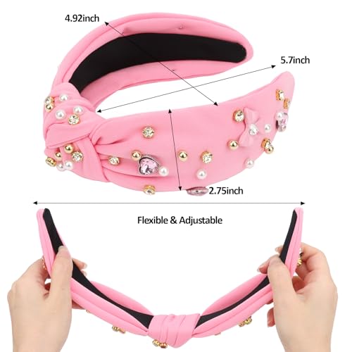 CURASA Valentine's Day Pink Pearl Rhinestone Knot Headband for Women